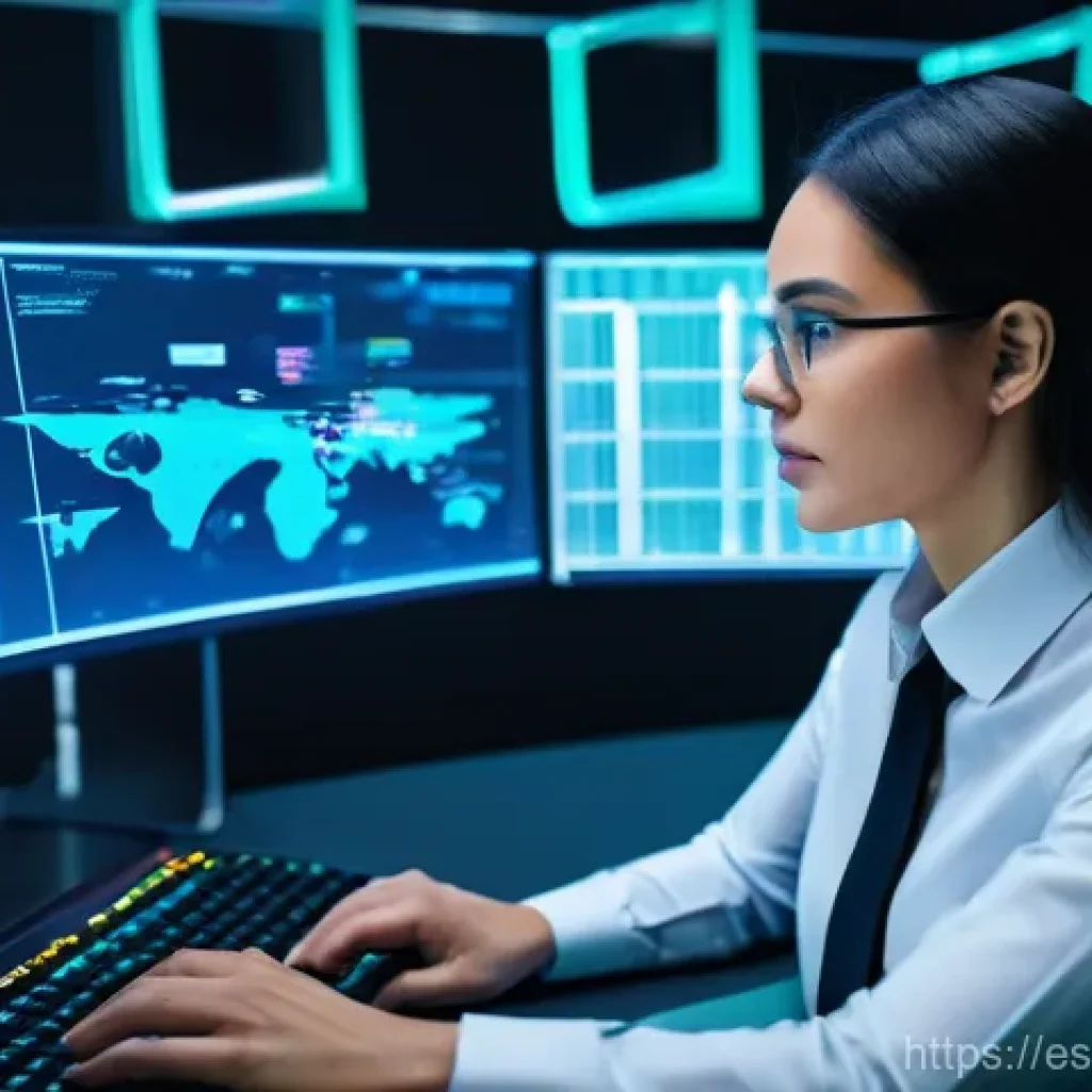 SIEM의 기능과 특징 비교 분석 - **Prompt:** A focused cybersecurity analyst, a woman in her late 20s, with short, neat dark hair, we...