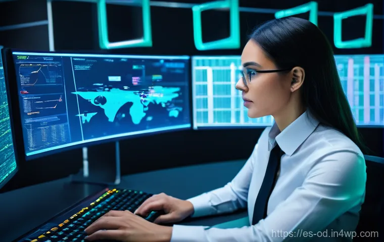 SIEM의 기능과 특징 비교 분석 - **Prompt:** A focused cybersecurity analyst, a woman in her late 20s, with short, neat dark hair, we...