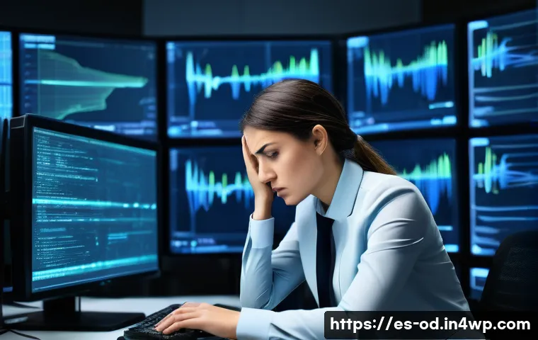 SIEM 데이터 품질 보증을 위한 전략 - A female cybersecurity analyst in her late 20s, wearing professional business attire, sits overwhelm...