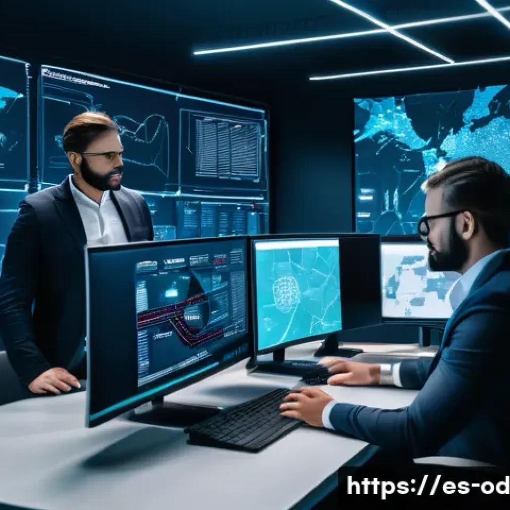 SIEM 운영을 위한 인공지능 AI  활용 전략 - A futuristic cybersecurity operations center in Spain, with diverse security analysts collaborating ...