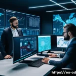 SIEM 운영을 위한 인공지능 AI  활용 전략 - A futuristic cybersecurity operations center in Spain, with diverse security analysts collaborating ...