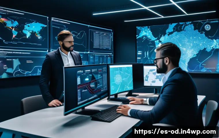 SIEM 운영을 위한 인공지능 AI  활용 전략 - A futuristic cybersecurity operations center in Spain, with diverse security analysts collaborating ...