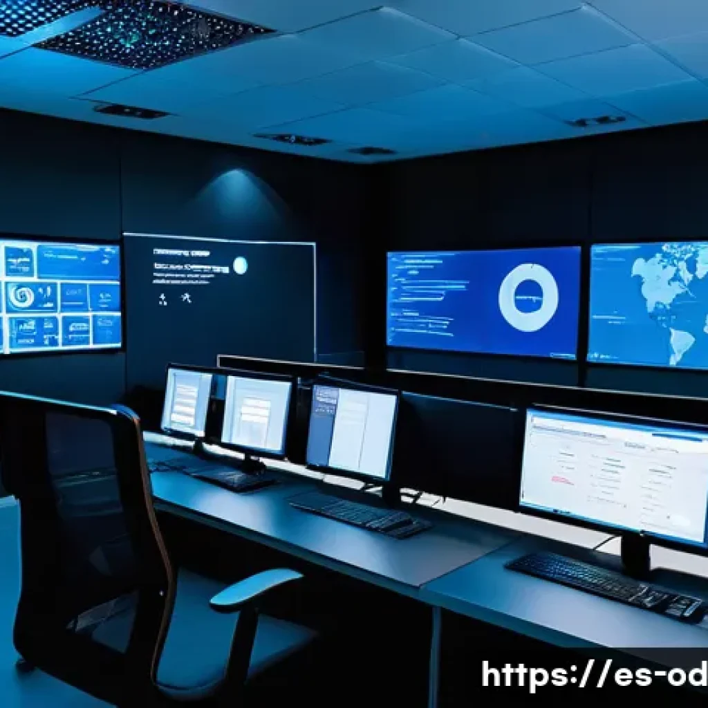 SIEM 시스템의 데이터 프라이버시 보호 방안 - A high-tech cybersecurity operations center in a modern office setting in Spain, featuring diverse s...