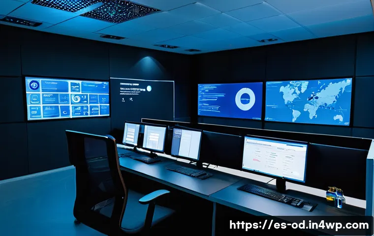 SIEM 시스템의 데이터 프라이버시 보호 방안 - A high-tech cybersecurity operations center in a modern office setting in Spain, featuring diverse s...