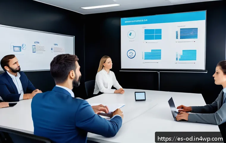 SIEM 도입 후 사용자 교육 및 인식 제고 방안 - A diverse group of Spanish office employees gathered in a modern conference room, actively engaged i...