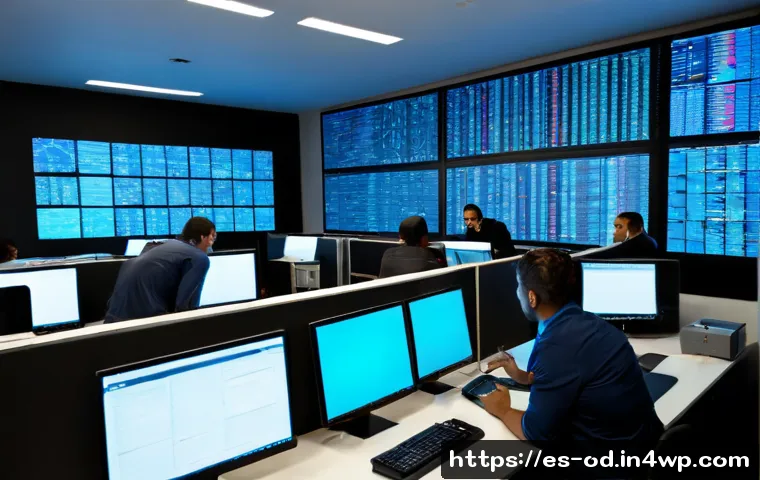 Home 17 SIEM 구축 시 발생할 수 있는 일반적인 문제 - Photorealistic cybersecurity operations room in a Spanish-speaking business, diverse IT team reviewi...